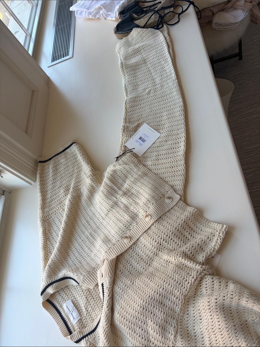 Spiritual Gangster Cream Knit Button Cardigan with Black Trim